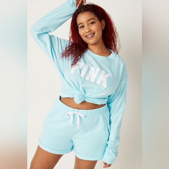 VS PINK Blue Breeze Classic White Logo Long Sleeve Campus Tee Oversized XL NEW - Picture 6 of 9